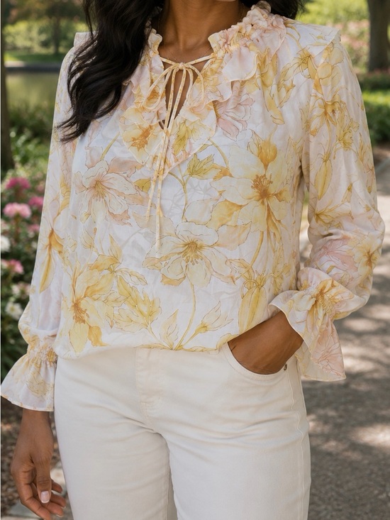 cupcakes & cashmere Tops - Cupcakes and Cashmere Floral Ruffle Neck Blouse | Large | Romantic Cottagecore